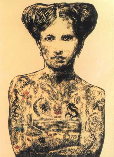 Very 19th century sideshow, it is a graphic of a staring, tattooed figure 