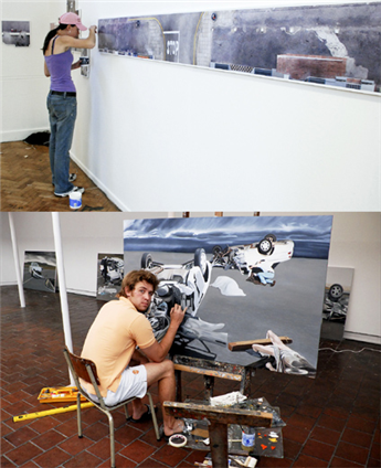 Rhodes Fine Art Students, Mark Farmer and Stephanie Hull installing their graduate exhibitions.