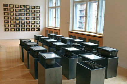 Installation view with Willem Boshoff's 'Blind Alphabet' and Sue Williamson's 'For Thirty Years Next to his Heart'